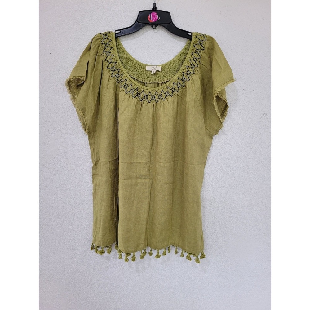 Easel Olive Green Linen Blend Embroidered Tassel Hem Boho Top Large